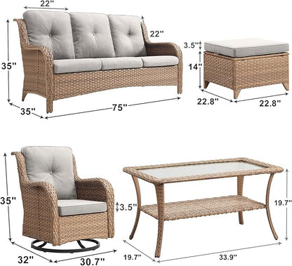 Rilyson Patio Furniture Swivel Chairs Set - 7 PC Wicker Rattan Outdoor Sectional Conversation Sets with 2 Rocking Chairs,2 Ottoman,2 Sofa and 1 Coffee Table for Porch Deck Garden(Yellow/Beige)