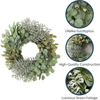 Sullivans Eucalyptus Wreath for Front Door, 26" Mixed Olive Green Pod Leaf Round Summer Wreaths, Indoor Outdoor Greenery Decorations for Fireplace, Mantle, Home Décor