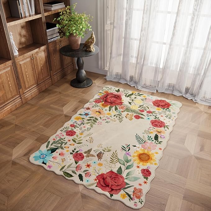 Washable Entryway Small Area Rugs: Door Mat Indoor Entrance 4x6 Floral Rug Ultra Thin Stain Resistant Non Slip Low Pile Lightweight Carpet for Bedroom, Kids Room, Farmhouse Decor (Beige)