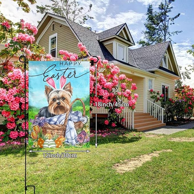 Yorkshire Terrier Happy Easter Flower Bunny Cute Egg Garden Flag Welcome Party Outdoor Outside Decorations Picks Home House Garden Yard Decor 12x18 Inch
