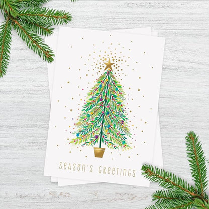 Masterpiece Sparkle Tree Christmas Cards / 16 Boxed Holiday Cards With Gold Foil Accents And Coordinating Gold Foil Lined Envelopes / 5 5/8" x 7 7/8" Folded Winter Greeting Cards With Inside Verse