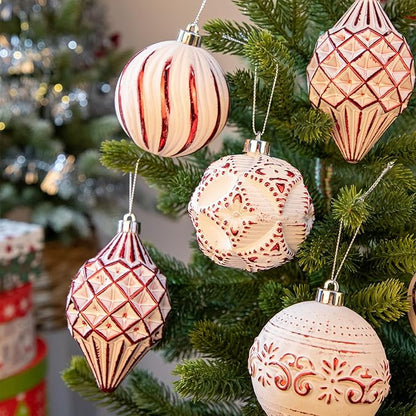 16PCS Shatterproof Christmas Ball Ornaments Set, Hand-Painted Holiday Decor with Assorted Sizes & Designs for Christmas Tree Thanksgiving Party Decoration, Red-White