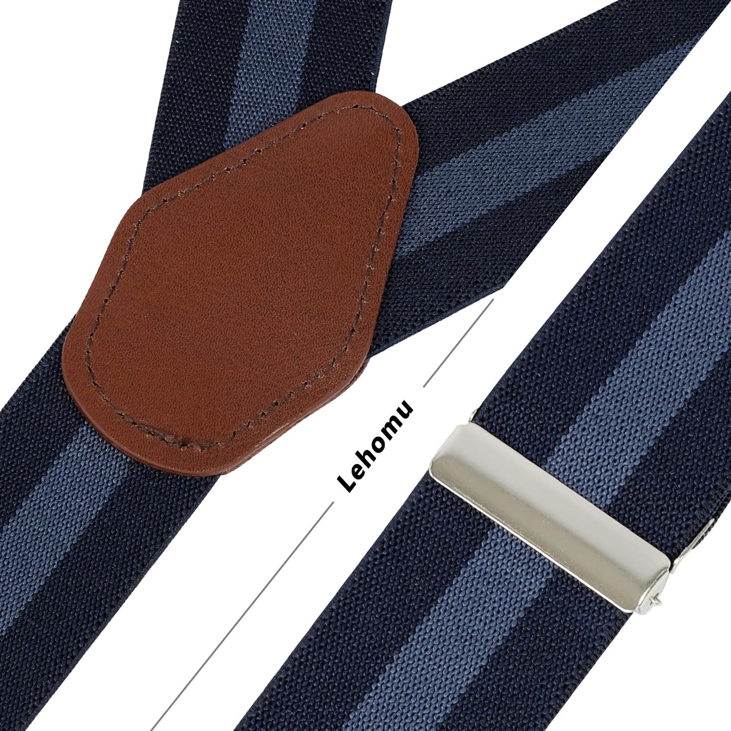 LEHOMU Men Suspenders Adjustable,1.4 Inch Wide Heavy Duty Y-Back Elastic Tuxedo Elastic Mens Suspenders with Leather Buttons and 3 Metal Clips,Black and Blue Stripe