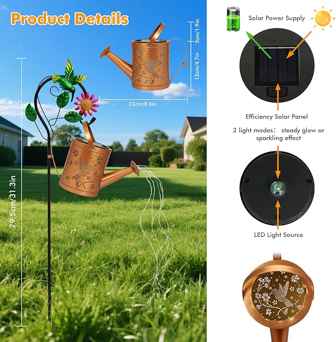 Outdoor Hanging Solar Lantern Waterproof Metal Openwork Hummingbird Watering Can Landscape Lights with Shepherd Hook for Porch Lawn Driveway Backyard Pathway Mom Grandma Gifts