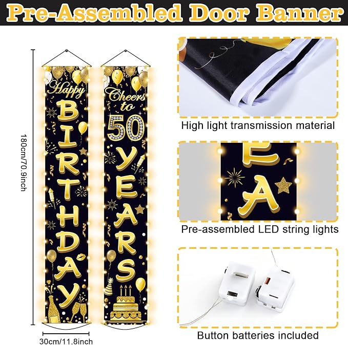 50th Birthday Party Banner Lighted Decorations for Women Men 50 Year Old Lighted Door Banners Black Gold Cheers to 50 Years Birthday Party Supplies Porch Sign with LED Light for Outside Light Decor