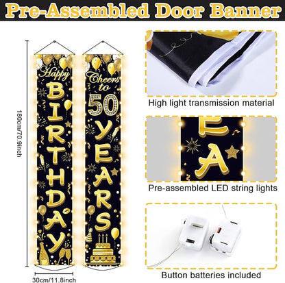 50th Birthday Party Banner Lighted Decorations for Women Men 50 Year Old Lighted Door Banners Black Gold Cheers to 50 Years Birthday Party Supplies Porch Sign with LED Light for Outside Light Decor