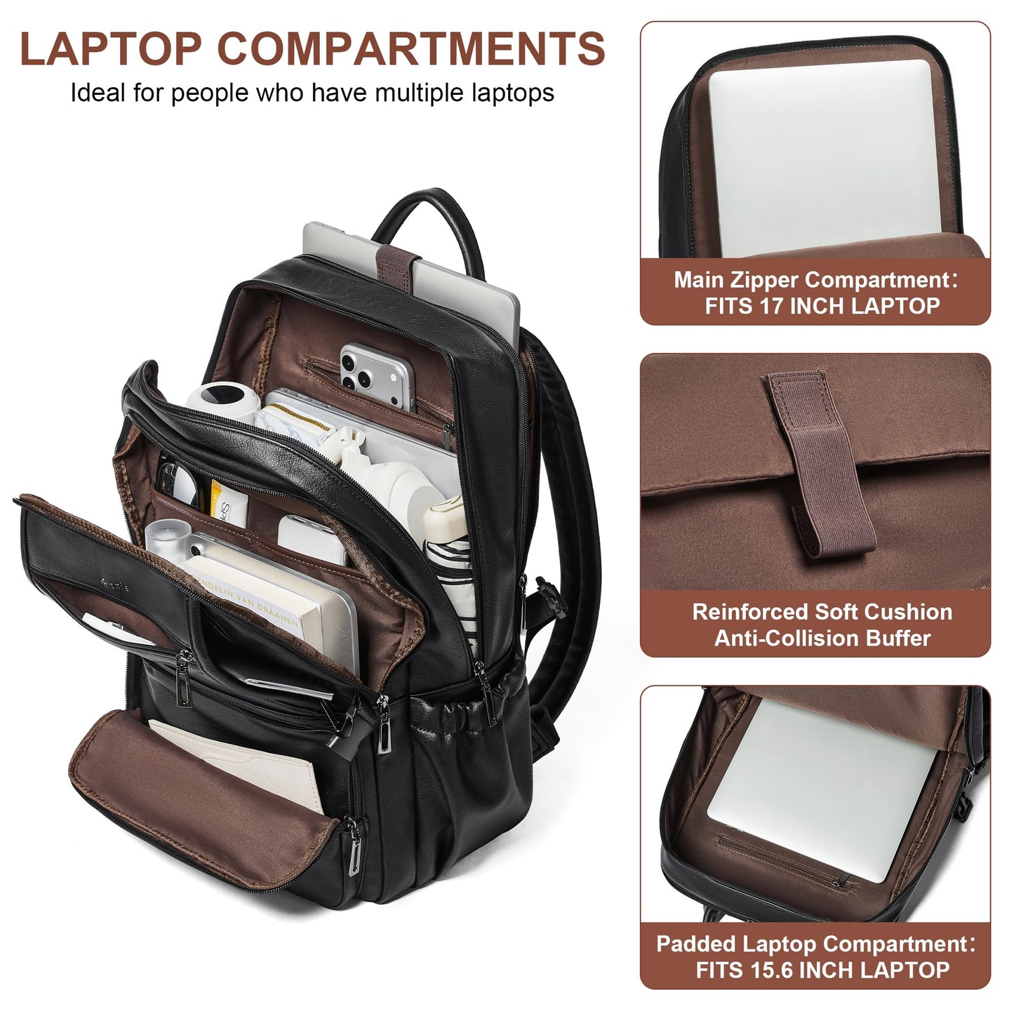 Shrrie Leather Backpack Purse Fit 17 Inch Laptop for Work Travel Business College Women Mens Leather Computer Tote Backpack Purse Black 35L Roomy Office Water-Resistant Back Pack Bag