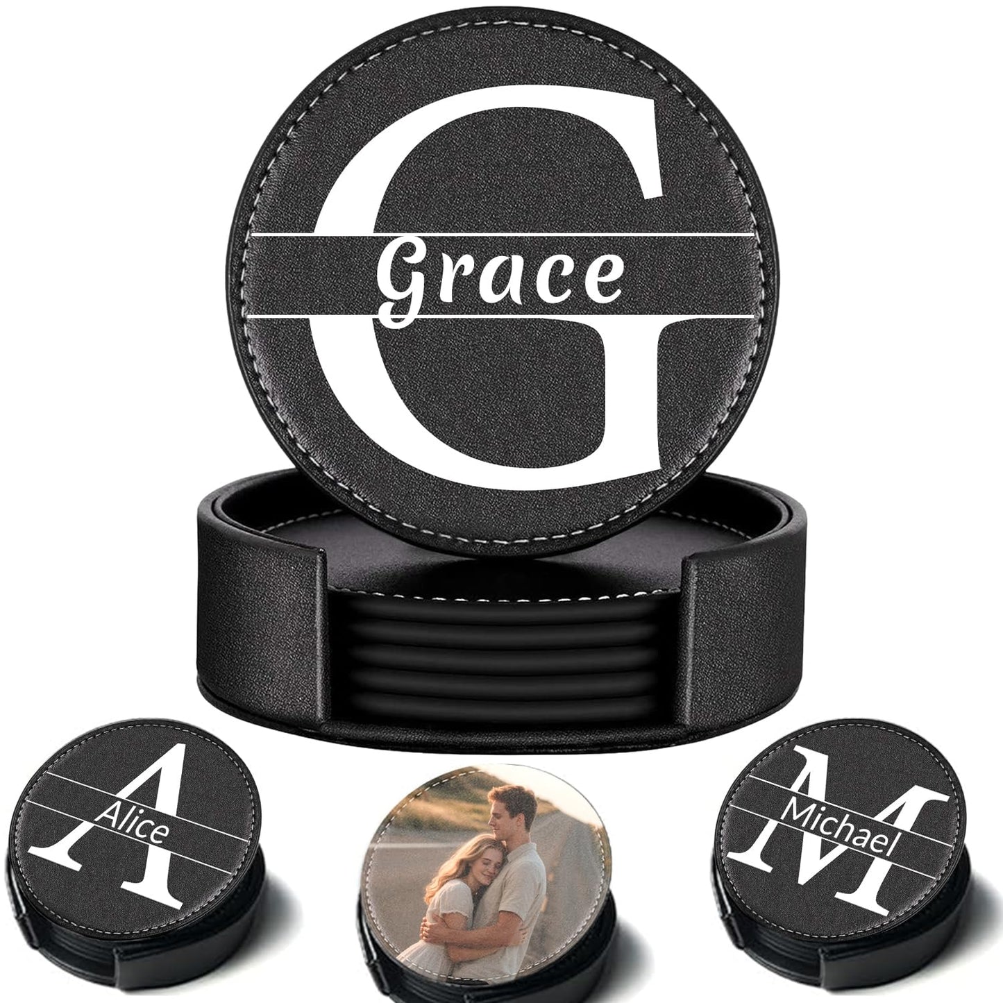 Custom Leather Coaster, Personalized Set of 6 Coasters for Drinks with Holder, DIY Logo Name Image, Durable, Non-Slip, Waterproof Leather Coaster for Home, Office, Bar, Cup Housewarming (Round)