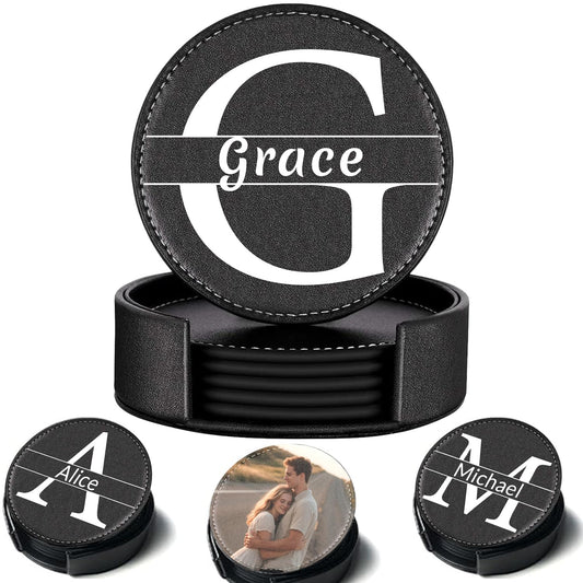 Custom Leather Coaster, Personalized Set of 6 Coasters for Drinks with Holder, DIY Logo Name Image, Durable, Non-Slip, Waterproof Leather Coaster for Home, Office, Bar, Cup Housewarming (Round)