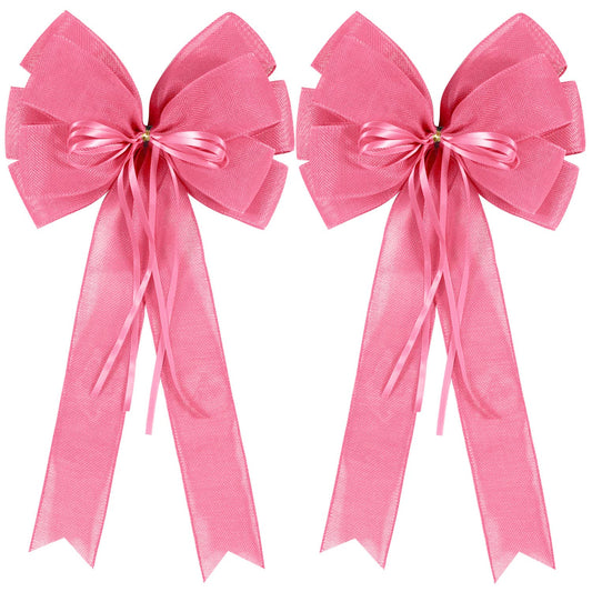 2 Pcs Large Pink Easter Wreath Bows Decor,Spring Tree Topper Bow Decorations with Pink Burlap and Glitter String for Chridtmas Tree Holiday Home Front Door Outdoor