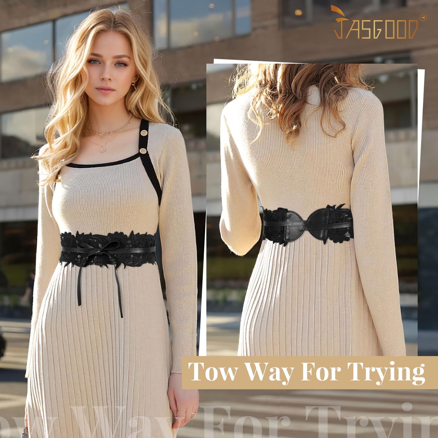 JASGOOD Women Lace Waist Belt Corset Waist Band Belt For Dress Obi Bowknot Cinch Wide Belt Bow Tie Wrap Boho Faux Leather,Black