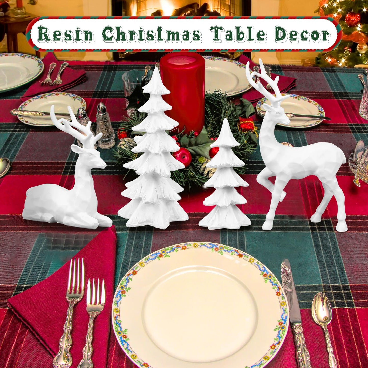 2 Pcs Christmas Tree Figurines and 2 Pcs Christmas Reindeer Figurines, White Tabletop Christmas Decorations Resin Christmas Tree and Elk Statues for Table Centerpieces Desk Shelf Fireplace Decor
