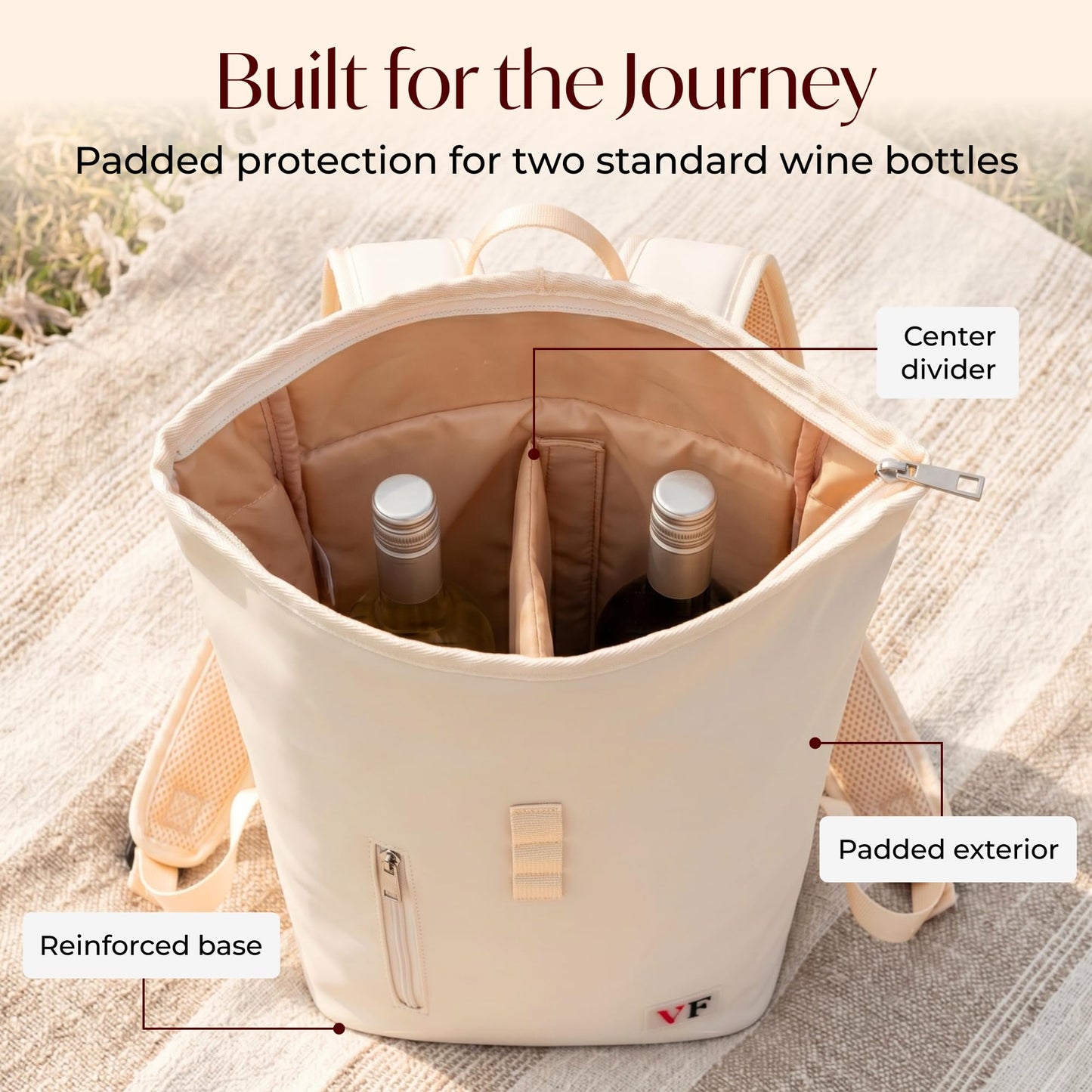 VIN FRESCO Two Bottle Rolltop Wine Tote Bag – Stylish PU Leather Backpack with Matching Tumblers – Wine Carrier with Padded Straps and Compartments for Travels & Picnics (Beige)