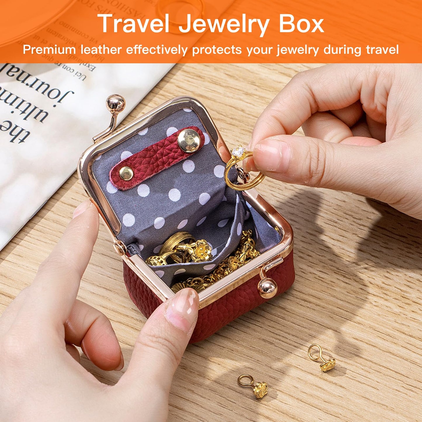 Small Travel Jewelry Box, Genuine Leather Mini Kiss-Lock Coin Purse Organizer, Portable Jewelry Storage for Women (Pink, S)