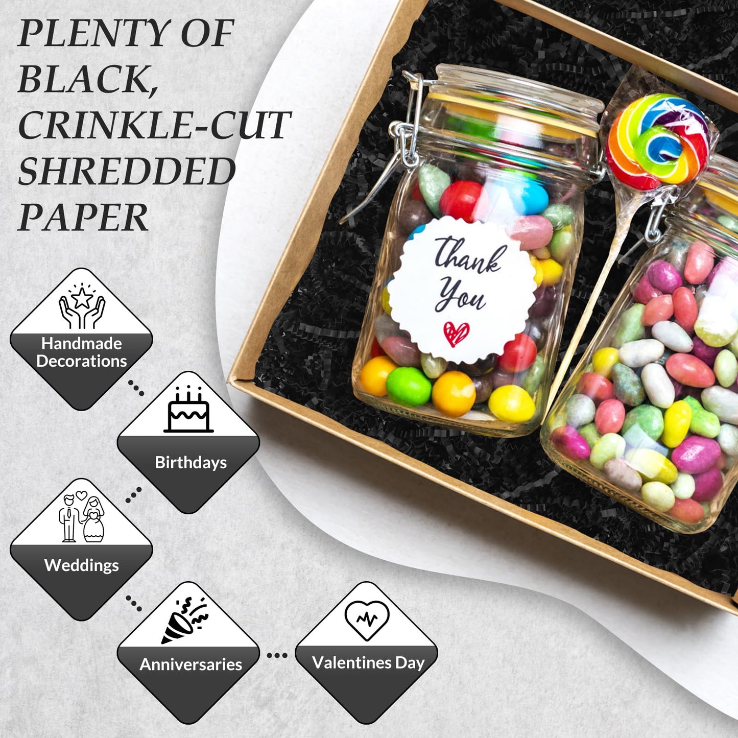 mxxkms 2.2 lbs Bulk Black Crinkle Paper Filler | Vibrant Shredded Paper for Gift Baskets, Boxes & Packaging | Elegant Filler for Christmas, Halloween, Birthdays & All Gift Occasions