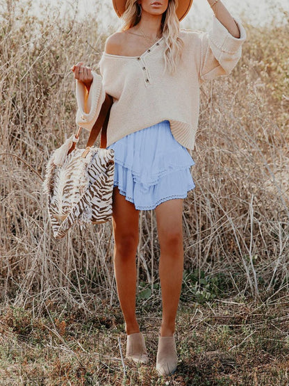 Aoudery Flowy Shorts for Women Casual Boho Ruffle Tiered Skorts High Waist Mini Skirts Golf Tennis Butterfly Crochet Shorts - Light Blue 2XL