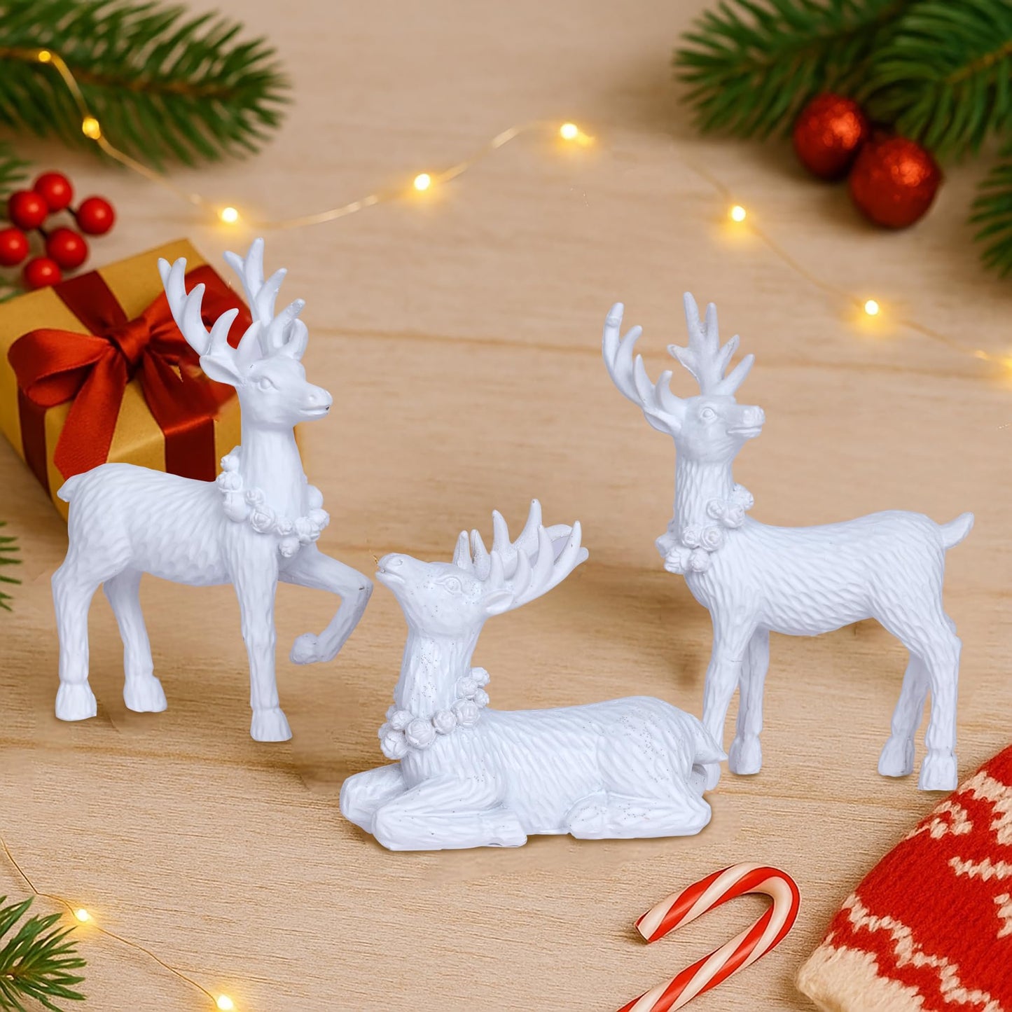 White Christmas Reindeer Decor Set of 3 Resin Standing Deer Figurines Elk Sculpture Christmas Figurine Centerpieces for Home Tabletop Shelf Elegant Xmas Deer Statue Artificial Animal Table Decorations