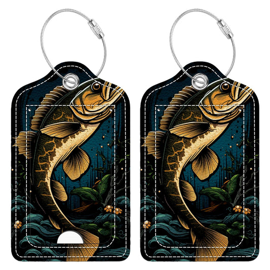 Funny PU Leather Luggage Tags 2-Pack Dark Largemouth Fish Cute Pattern Suitable for Suitcase Stainless Steel Loop and Address Card Essential for Cruise and Airport Travel for Men and Women