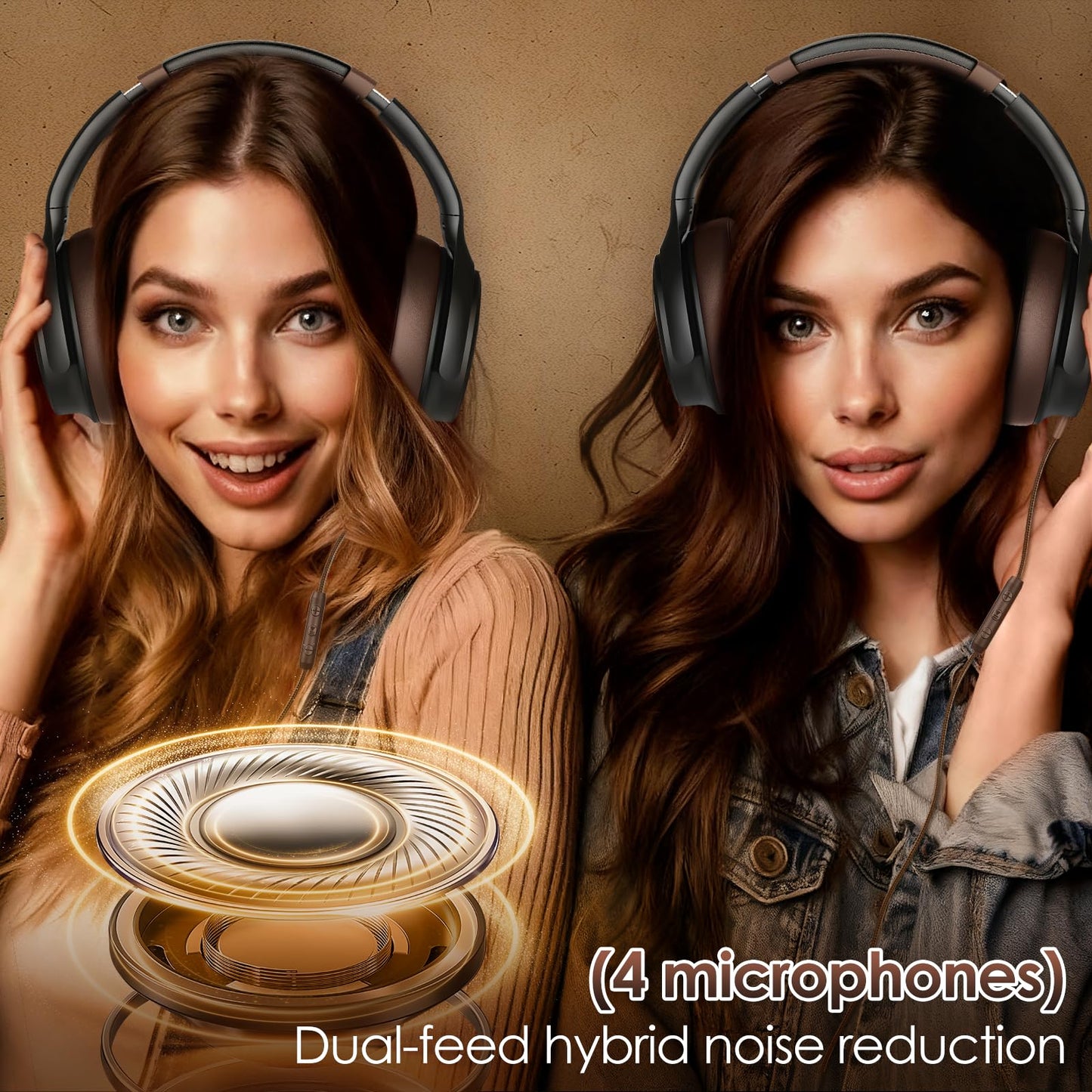 USB C Headphones Wired Headphones Over Ear with HD Mic, Foldable Active Noise-Canceling Headphone for iPad/Sports/School/Travel/iPhone 17/16/15, Samsung S25/S24, Google Pixel 9,Ideal Gifts-Brown