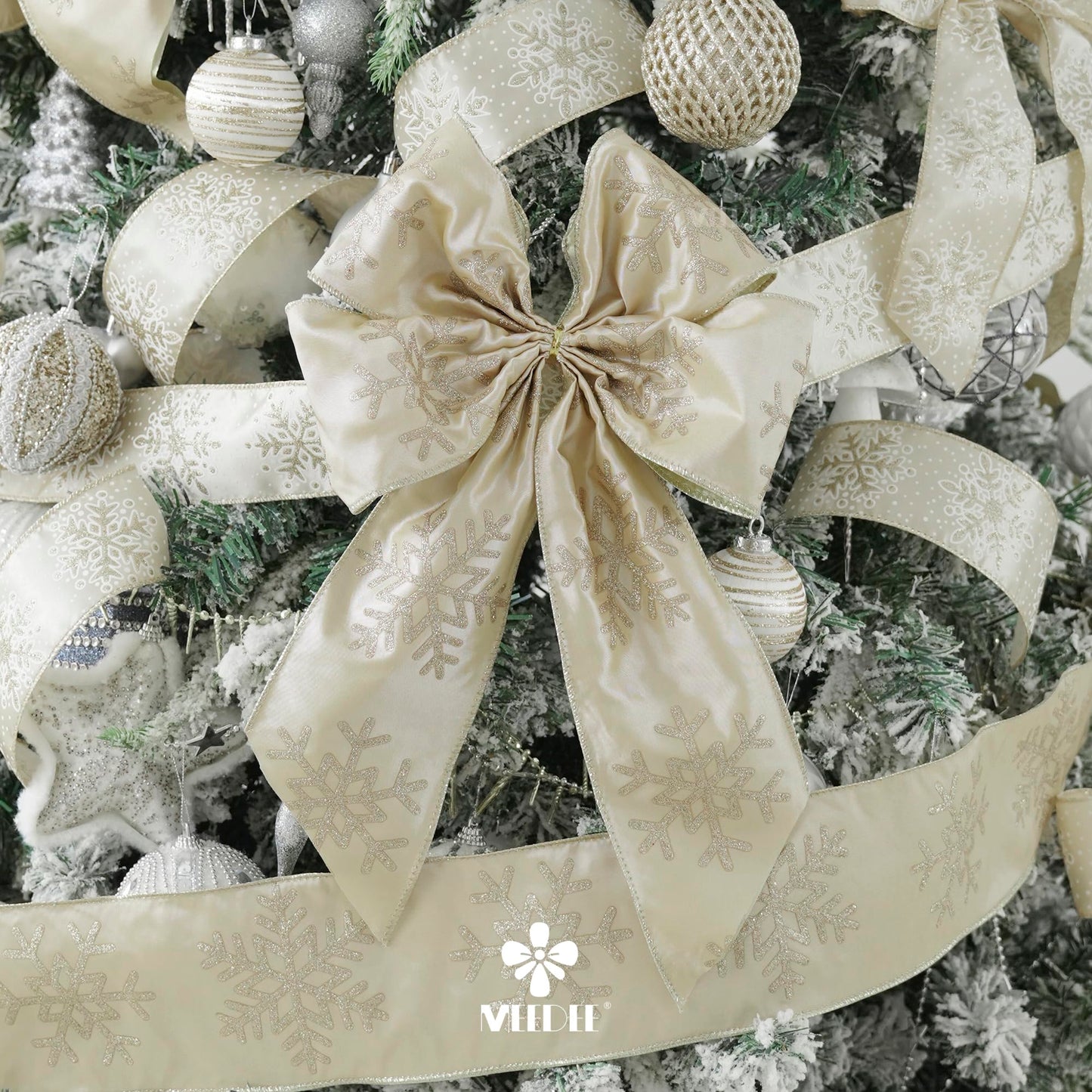 MEEDEE 4 Inch Champagne Gold Snowflake Ribbon Satin Wired Christmas Tree Ribbon with Champagne Glitter Snowflake 10 Yards Champagne Gold Ribbons for Christmas Tree, Garlands, Topper Bow