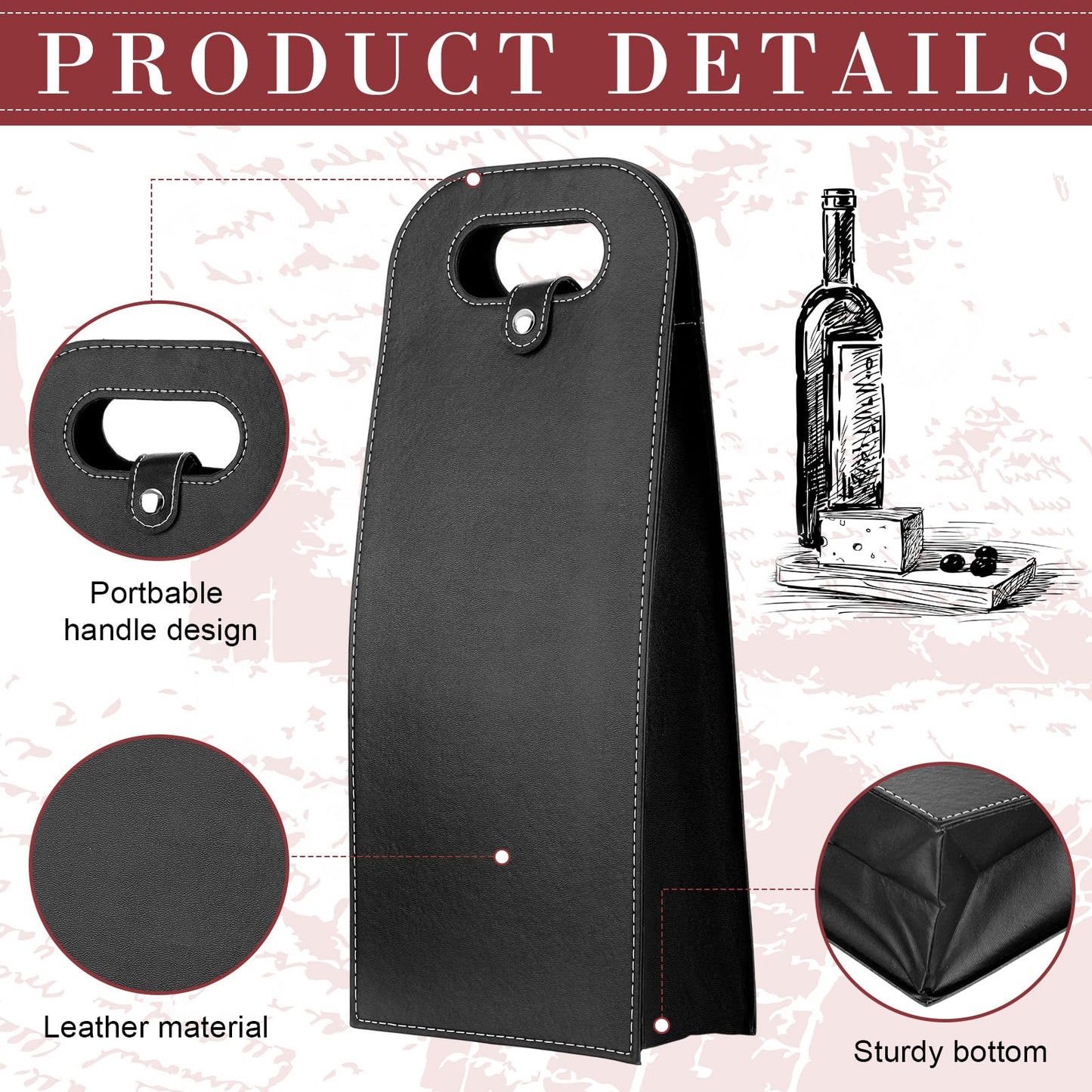 FillTouch 6 Pcs Double Wine Bag Reusable Leather Wine Tote Carrier 2 Bottle Portable Gift Bags Champagne Beer Bags for Valentine Father's Day Thanksgiving Christmas Birthday Party(Black)