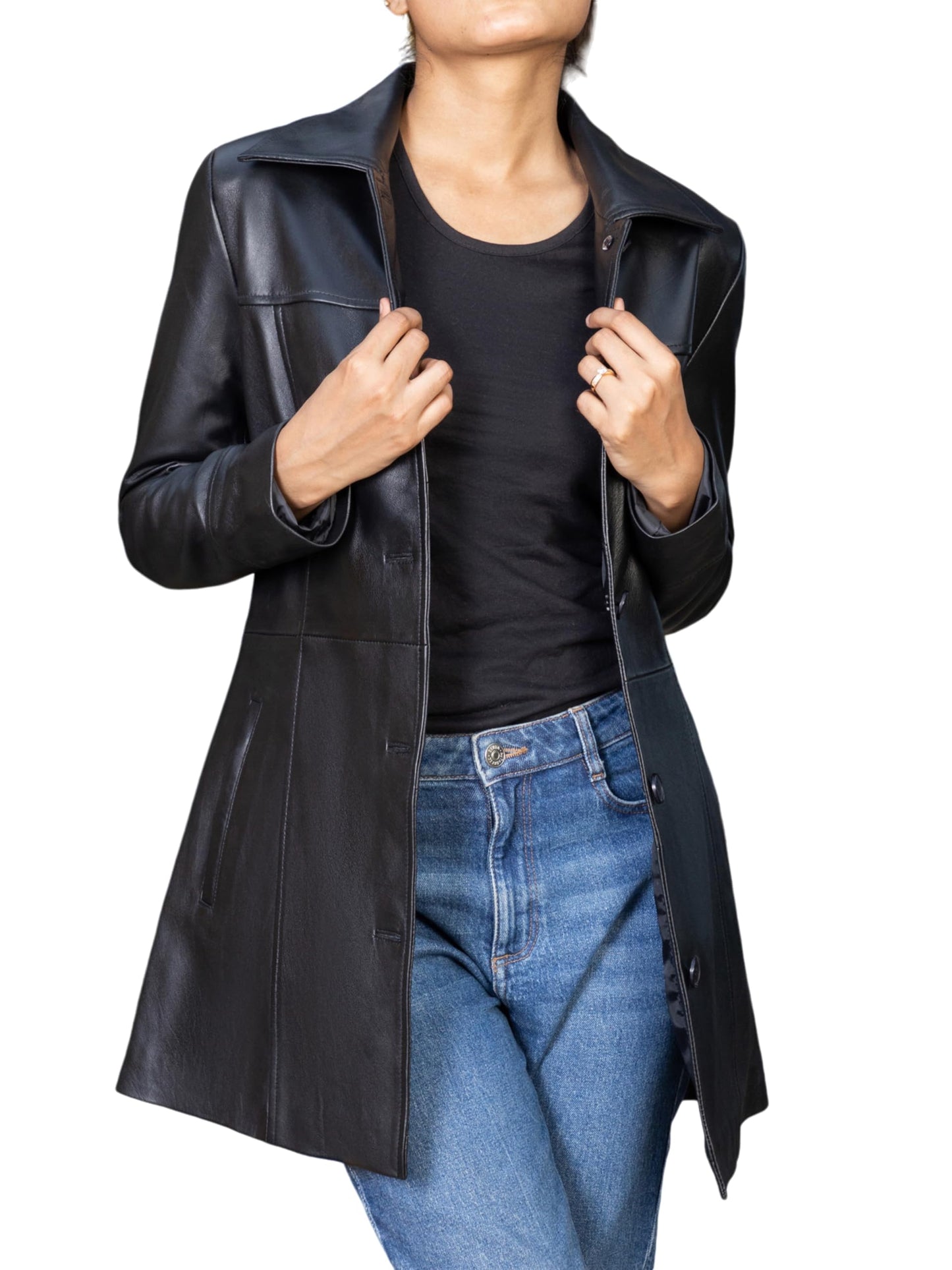 Jild Casual Car Coat Lambskin Leather Jacket Women – ¾ Length Blazer Overcoat Style Leather Long Coat Women (CCW-Blk-XS)