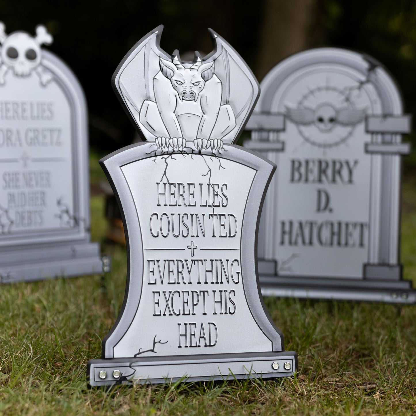 3-D Metal Halloween Ghost XL 17" Tombstone w Stakes -IRMA GONER- Durable, Rustproof, UV Raised Printing- Upgrade Your Haunted House Mansion Cemetary Lawn Decor- No More Flimsy Foam Graveyards