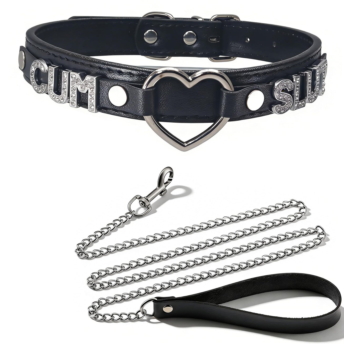 FAYERXL Black Choker Necklace Collar and Leash Set for Women,Gothic Punk Rave Cosplay Festival Leather Collar with Heart and Letter Naughty Jewelry (CU SL)