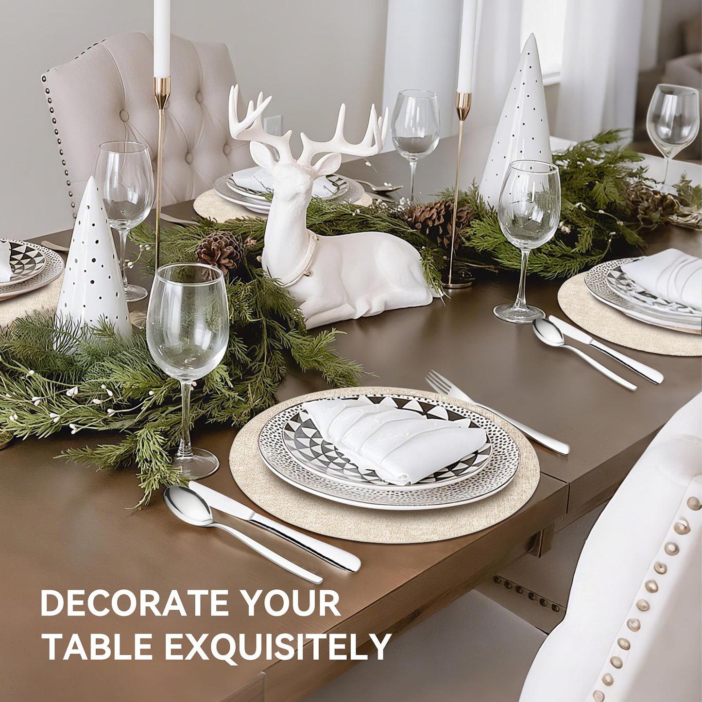 13" Round Placemats Set of 4, Reversible Faux Leather Heat Resistant Table Mats, 100% Waterproof Oilproof Wipeable Table Protective Placemats for Vinyl, Washable for Indoor & Outdoor Use (4, Beige)