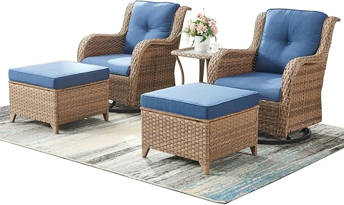 Rilyson Patio Furniture Swivel Chairs Set - 5 Piece Rattan Wicker Outdoor Sectional Conversation Sets with 2 Swivel Rocking Chairs,2 Ottomans and 1 Side Table for Porch Deck Garden(Yellow/Blue)