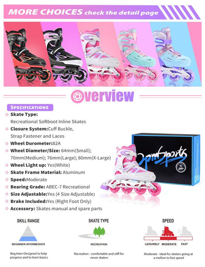 2PM SPORTS Vinal Inline Skates for Girls Boys Kids Ages 5-8 8-12 with Adjustable Illuminating Wheels, Inline Roller Skates for Youth Women Men - White Pink Large