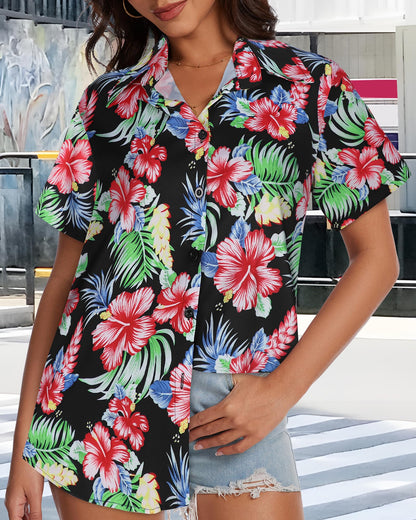 Women Hawaiian Shirt Button Down Summer Tops Beach Cool Short Sleeve V Neck Blouse(Red Black Floral,XL)