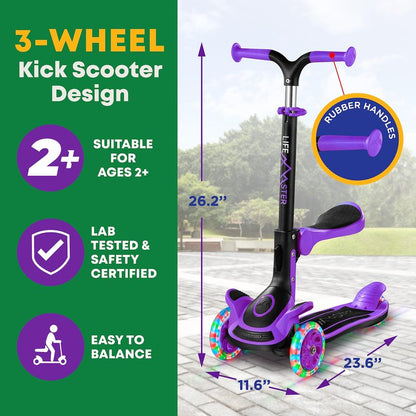 3 Wheel Scooter for Kids with Foldable Seat, Adjustable Handlebar Height, Lean-to-Steer Ride On Toy for Kids Ages 2+, Light-Up LED Wheels, Wide Anti Slip Deck, Indoor & Outdoor Use, Purple