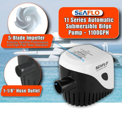 SEAFLO Automatic 1100GPH Submersible Bilge Water Pump with Magnetic Float Switch 4 Year Warranty