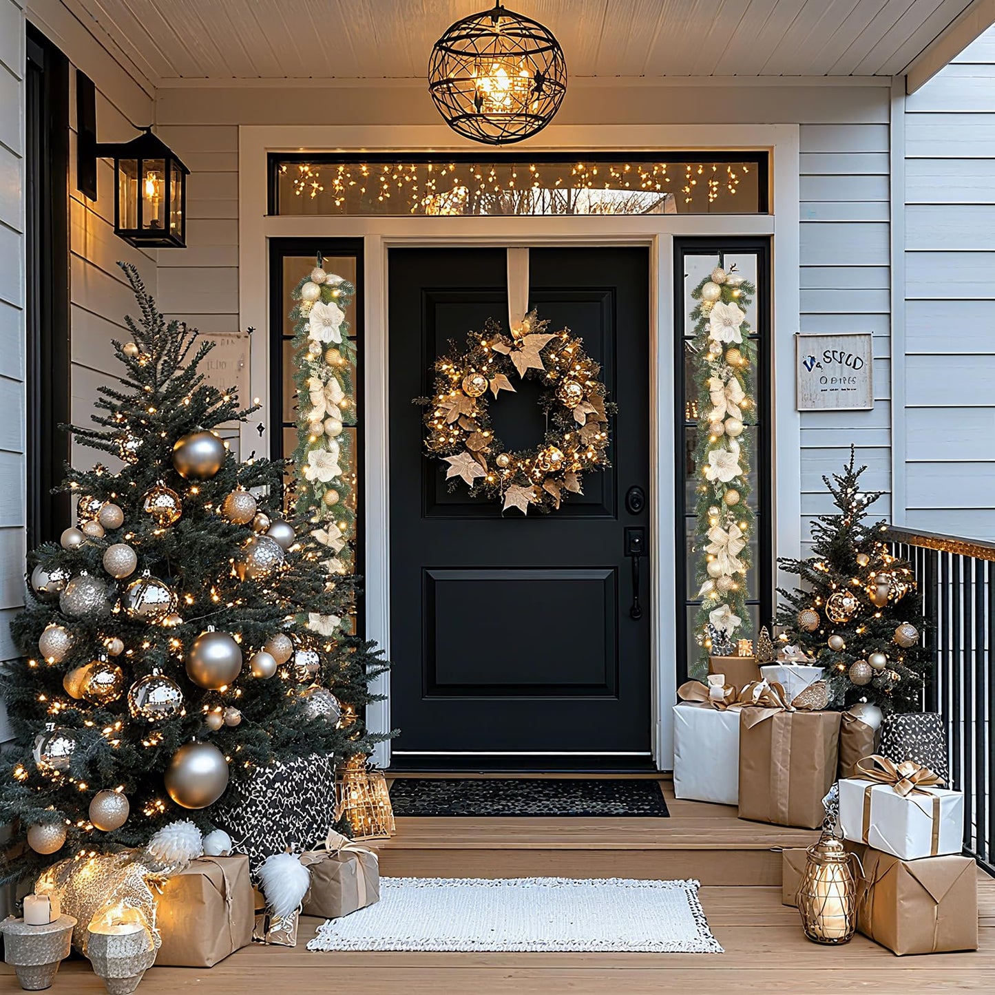 6ft White and Gold Christmas Garland with 25 LED Lights with Timer, prelit champgn Gold Garland with Magnolia and Plenty Ornament,Festive Lighted Decor for Front Door, Mantel, Stair & Fireplace