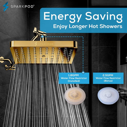 SparkPod Shower Head - High Pressure Rain - Premium Quality Luxury Design - Easy Clean Adjustable Replacement for Your Bathroom Shower Heads (Egyptian Gold, 8 Inch Square)