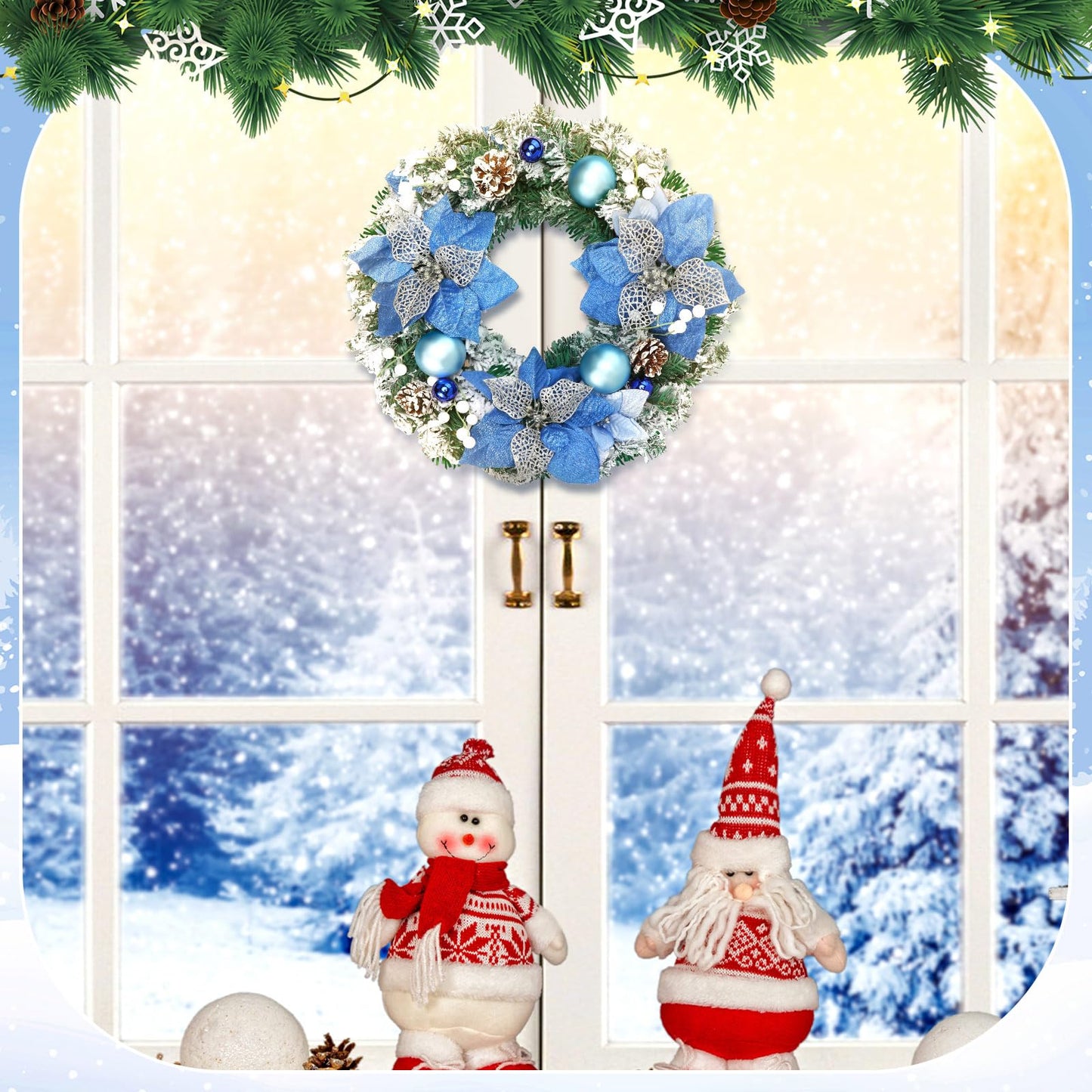 Knitgrip Pre-Lit Christmas Wreaths for Front Door 13.7 Inches Christmas Wreath with Ball Ornaments 20 LED Lighted Hoop for Outdoor Wall Window Fireplace (Blue,Blue Flower Style)