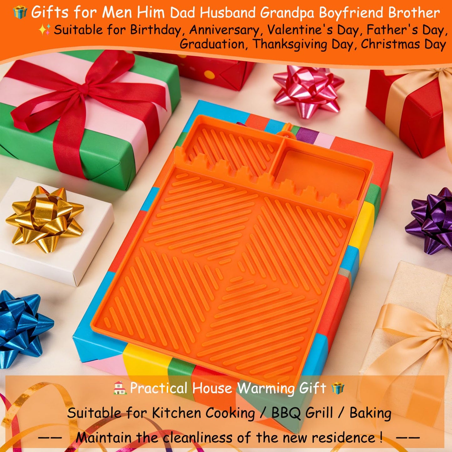 Silicone Tools Mat for Griddle Kitchen Cooking Baking Countertop-Side Shelf Spatula Mat with Drip Pad for Blackstone Weber Traeger Pit Boss Flat Top Grill Smoker- BBQ Accessories Gifts for Men(Orange)