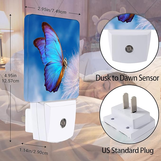 Blue Butterfly Night Light, Dandelion Night Lights Plug into Wall Decor for Bedroom, Bathroom, Hallway, Kitchen, Dusk to Dawn Sensor Nightlights for Girls Women Room Gifts