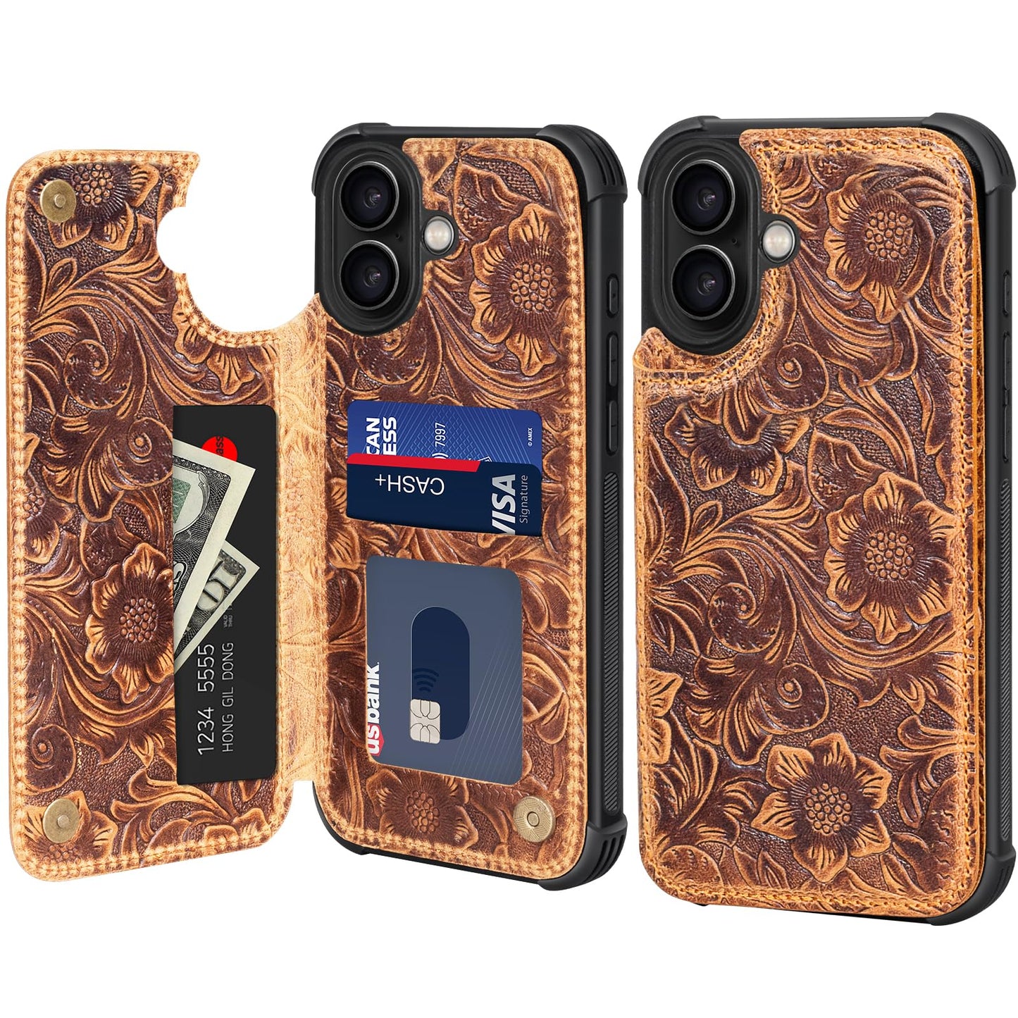 RMAWRAD Wallet Real Leather Case Compatible with iPhone 16 6.1" ，Genuine Leather，Shockproof, Anti-Fall Case, Flip Cover, with Card Slot, Double Magnetic Buckle, Kickstand, Durable Brown