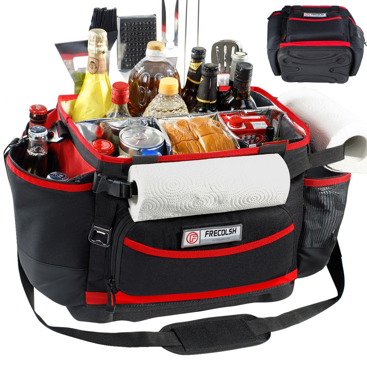 FRECOLSH Large BBQ Organizer with Molded Hard Base, Compatible with Blackstone Outdoor Utensil Bag for Camping, Picnic & Tailgating, Portable Cooking Accessories Tote, Gift for Men