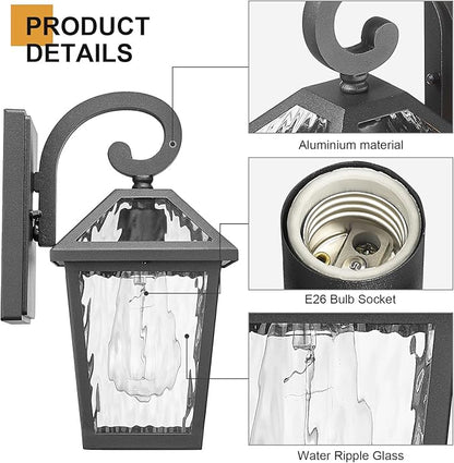 Outdoor Lights Fixtures Wall Mount, Outdoor Wall Lantern with Water Ripple Glass, Waterproof Outside Exterior Wall Sconce Lights Fixture for House, Front Porch, Patio, Matte Black