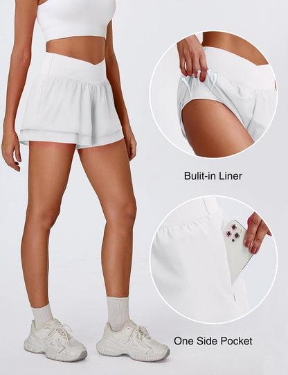BMJL Womens Athletic Running Shorts High Waisted Crossover Workout Short with Pocket 3"