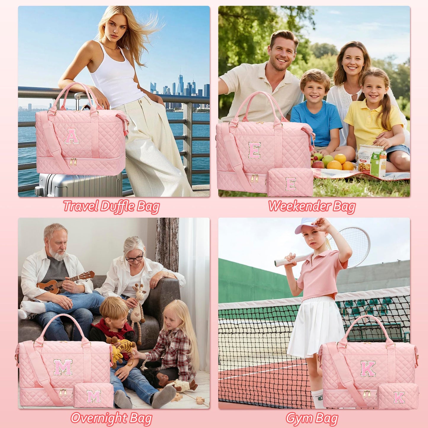 CLOUDWINGS Gifts for Women Girls Initial Travel Duffle Bag Quilted Weekender Carry-On Overnight with Cosmetic Bag, Gym Bag with Shoe Compartment, Pink K