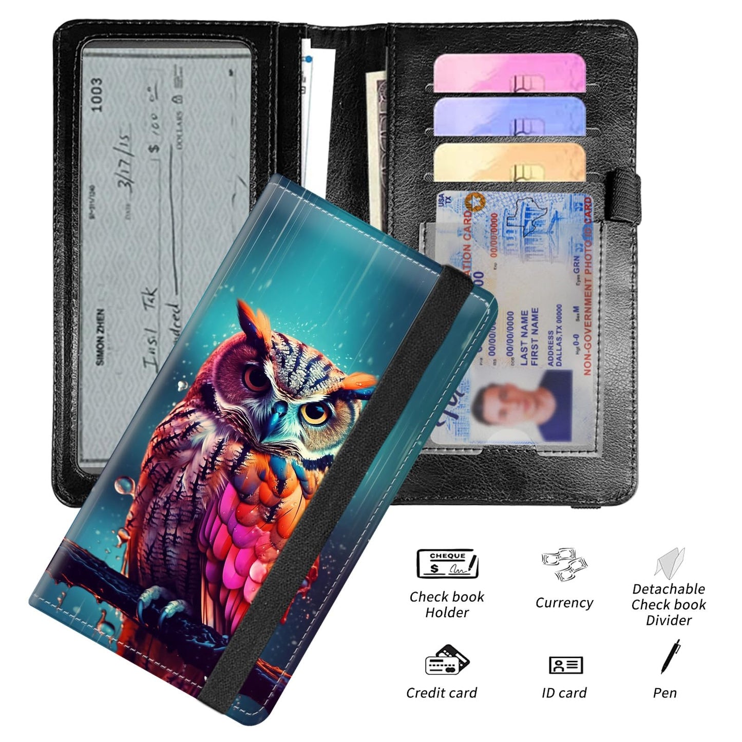 WZCJDHMJ Leather Checkbook Covers for Personal Checkbook Check book Holder Cover Wallets for Women Men,RFID-Blocking Slim Checkbook Cover for Duplicate Checks with Elastic Strap,Colorful Owl