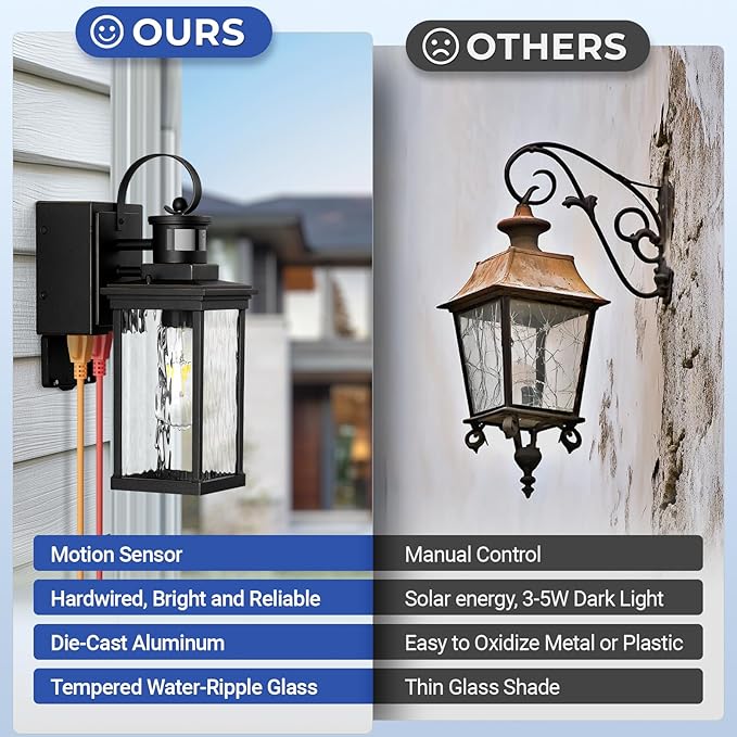 Front Porch Lights Outdoor Wall Mount Sconce with GFCI Outlet, Black Gold Trim Motion Sensor Modern Exterior Garage Lighting Fixtures, 100% Aluminum Waterproof Outside House Lights, 2 Pack