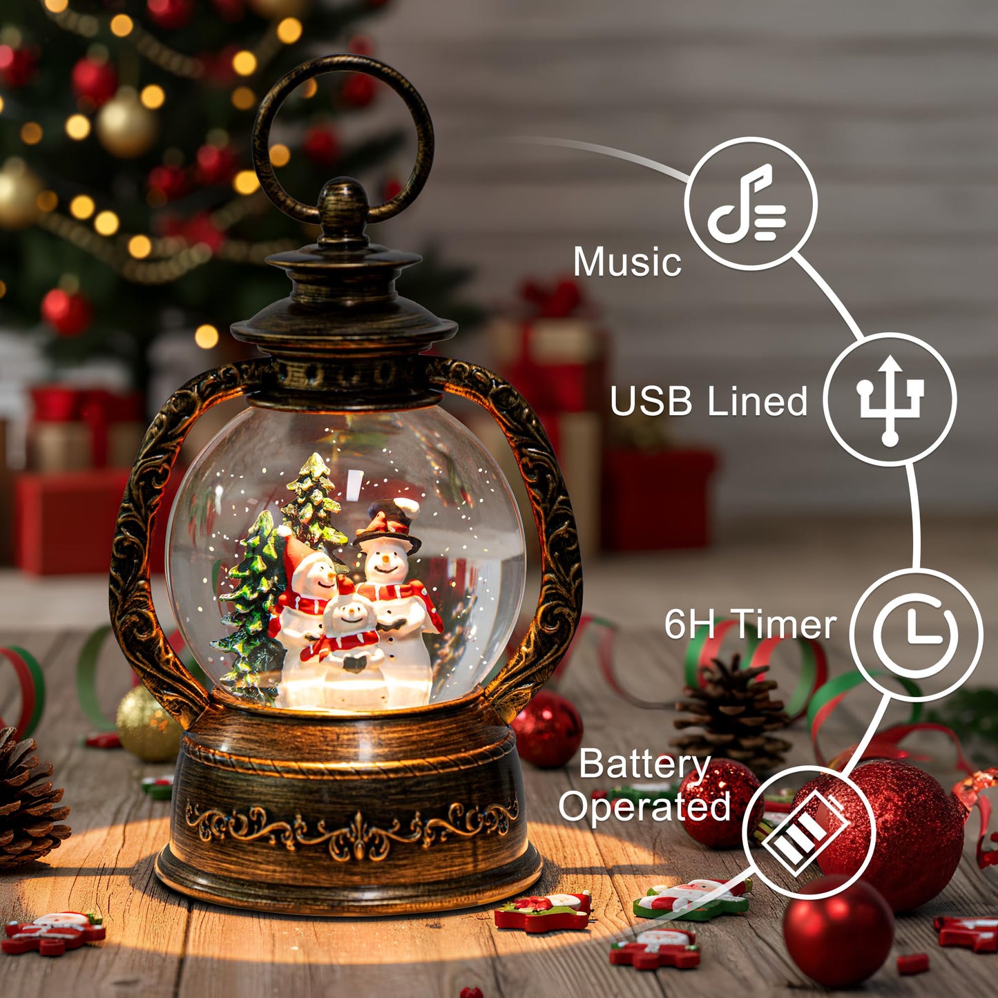 Christmas Snow Globe Water Lantern with Snowman Choir Scene Battery Operated or USB Powered Musical Lighted Holiday Decoration for Tabletop Display for Family and Friends
