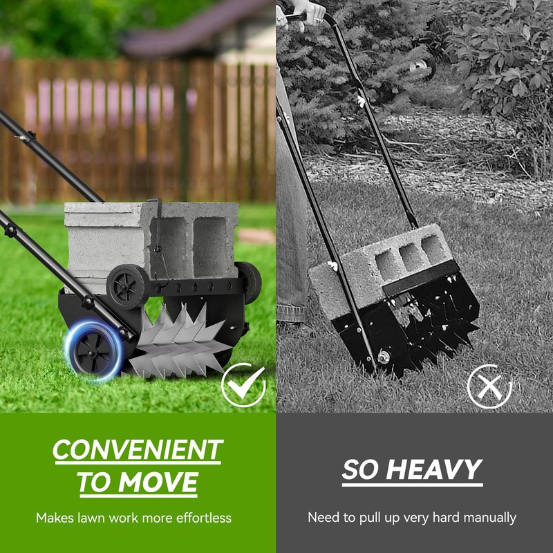Lineware 18-Inch Lawn Aerator,Heavy Duty Push Spike Aerator with 4 Wheels,Aerator Lawn Tool with Steel Handle, Manual Aerator Lawn Tool with Foam Armrests, Suitable for Lawn, Garden and Yard
