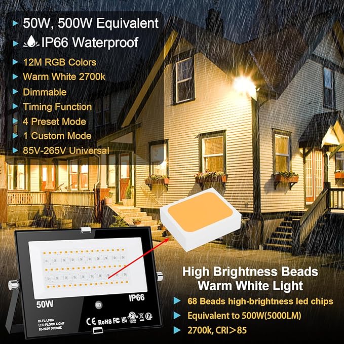 LED Flood Light Outdoor 500W Equivalent Color Changing Landscape Lighting, 24H Timing+120 Colors Strobe+2700K Warm White+DIY Flash IP66 Waterproof Up Stage House RGB Led Light Indoor US 3-Plug 6Pack
