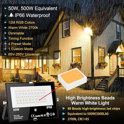 LED Flood Light Outdoor 500W Equivalent Color Changing Landscape Lighting, 24H Timing+120 Colors Strobe+2700K Warm White+DIY Flash IP66 Waterproof Up Stage House RGB Led Light Indoor US 3-Plug 6Pack